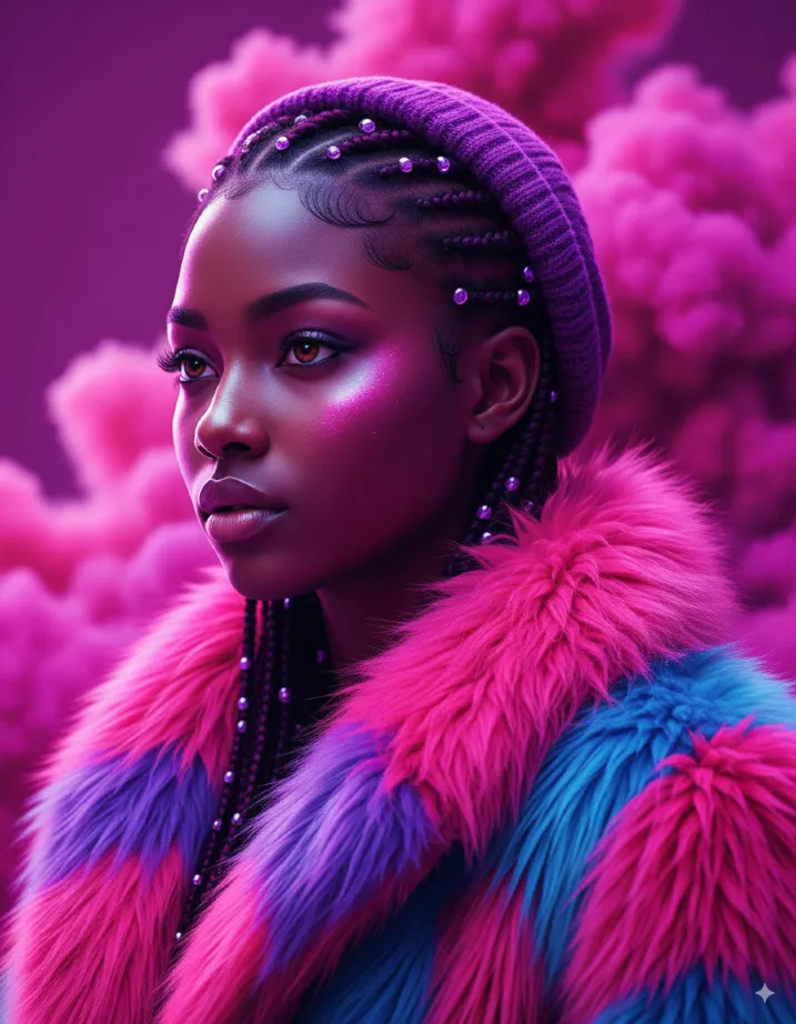 Femme noire en manteau rose et violet, style afro futuriste, arrière-plan fumée rose